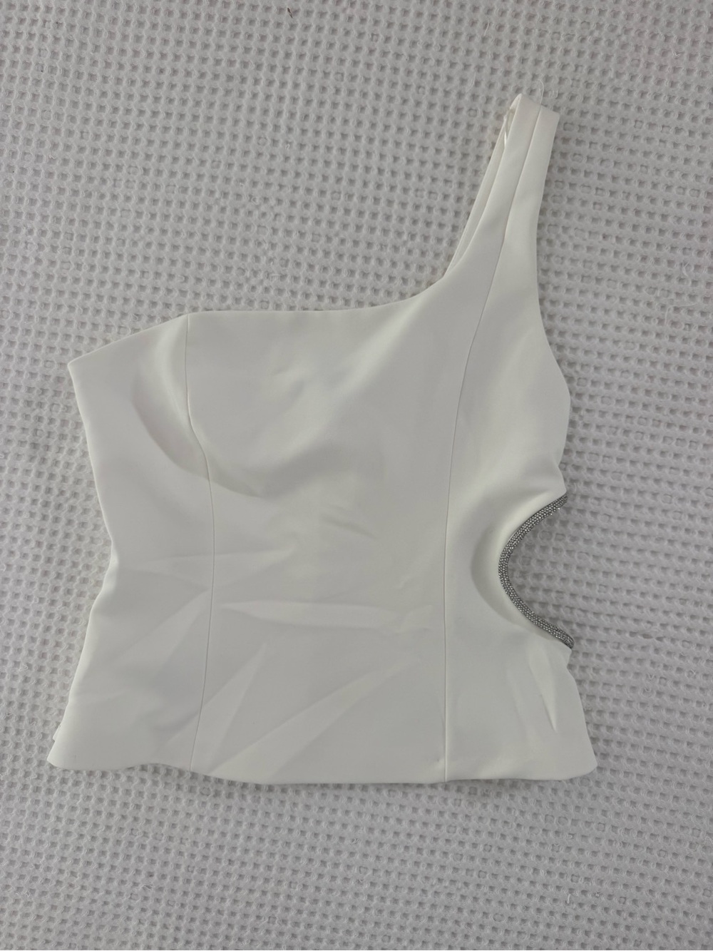 Zara White One-Shoulder Crop Top with Side Cutout and Rhinestone Trim